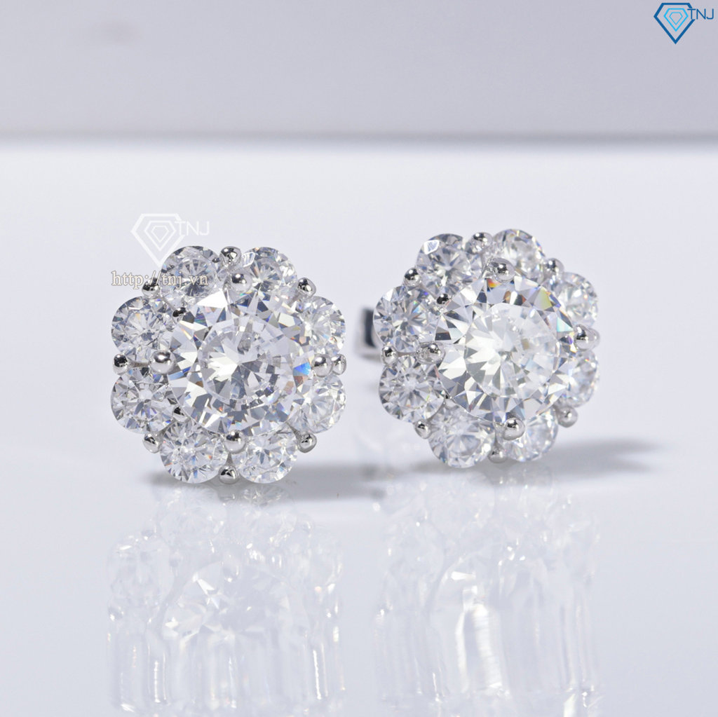 Bông tai bạc nữ mặt bông hoa đính đá xi kim chốt ren BTNXK0017