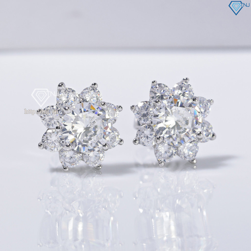 Bông tai bạc nữ mặt bông hoa đính đá xi kim chốt ren BTNXK0018