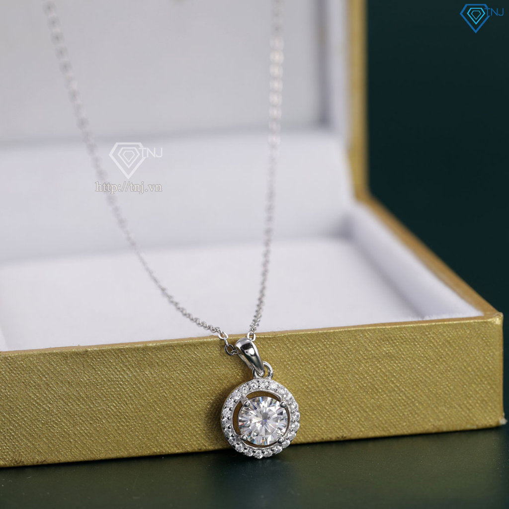 Dây chuyền nữ mặt tròn đính kim cương Moissanite 6.5mm xi kim DCNM0068