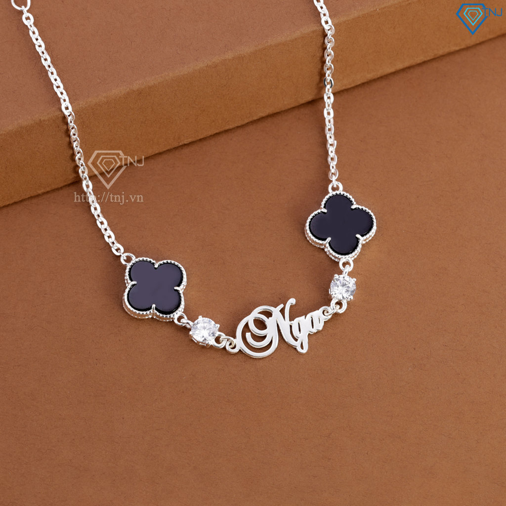 Lắc tay bạc nữ hình cỏ 4 lá đen khắc tên theo yêu cầu LTN0455