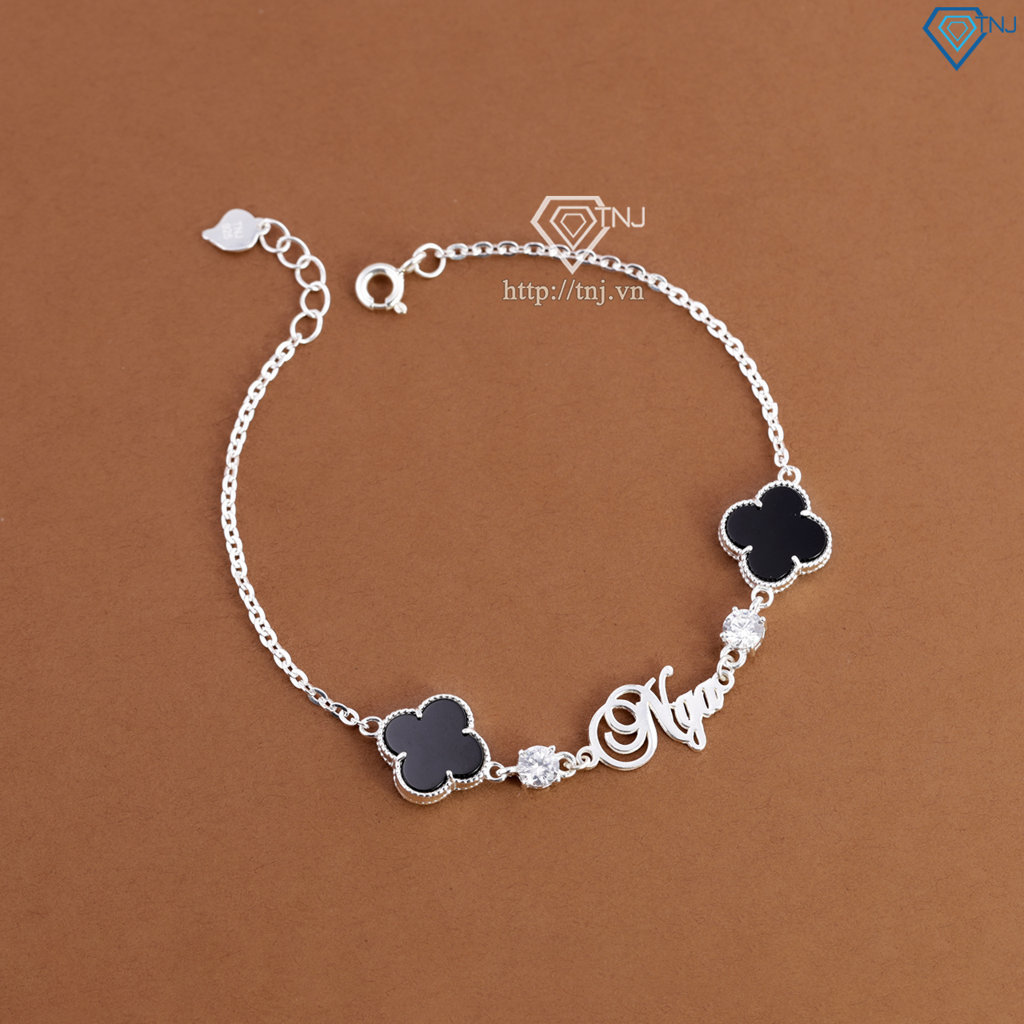 Lắc tay bạc nữ hình cỏ 4 lá đen khắc tên theo yêu cầu LTN0455