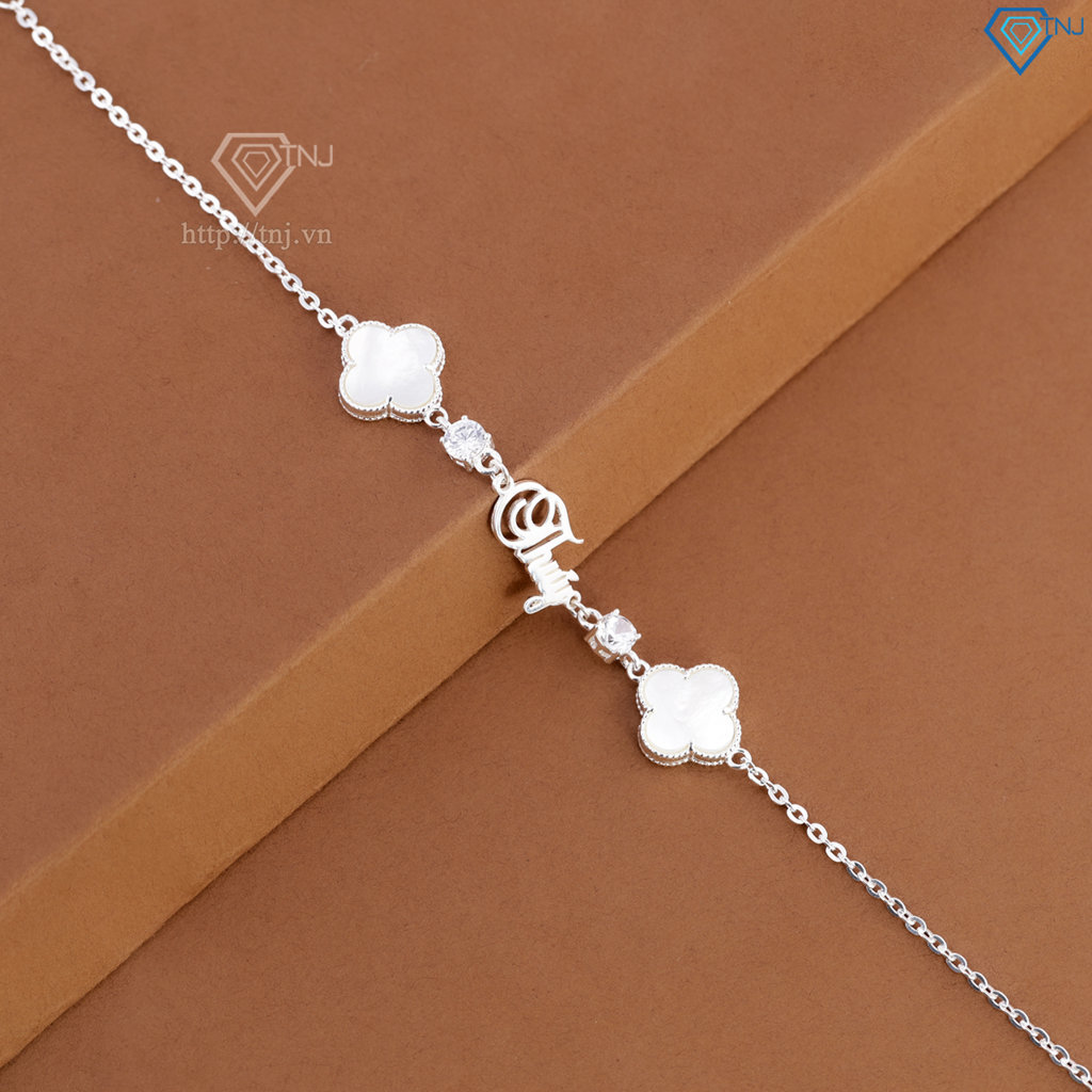 Lắc tay bạc nữ hình cỏ 4 lá trắng khắc tên theo yêu cầu LTN0455
