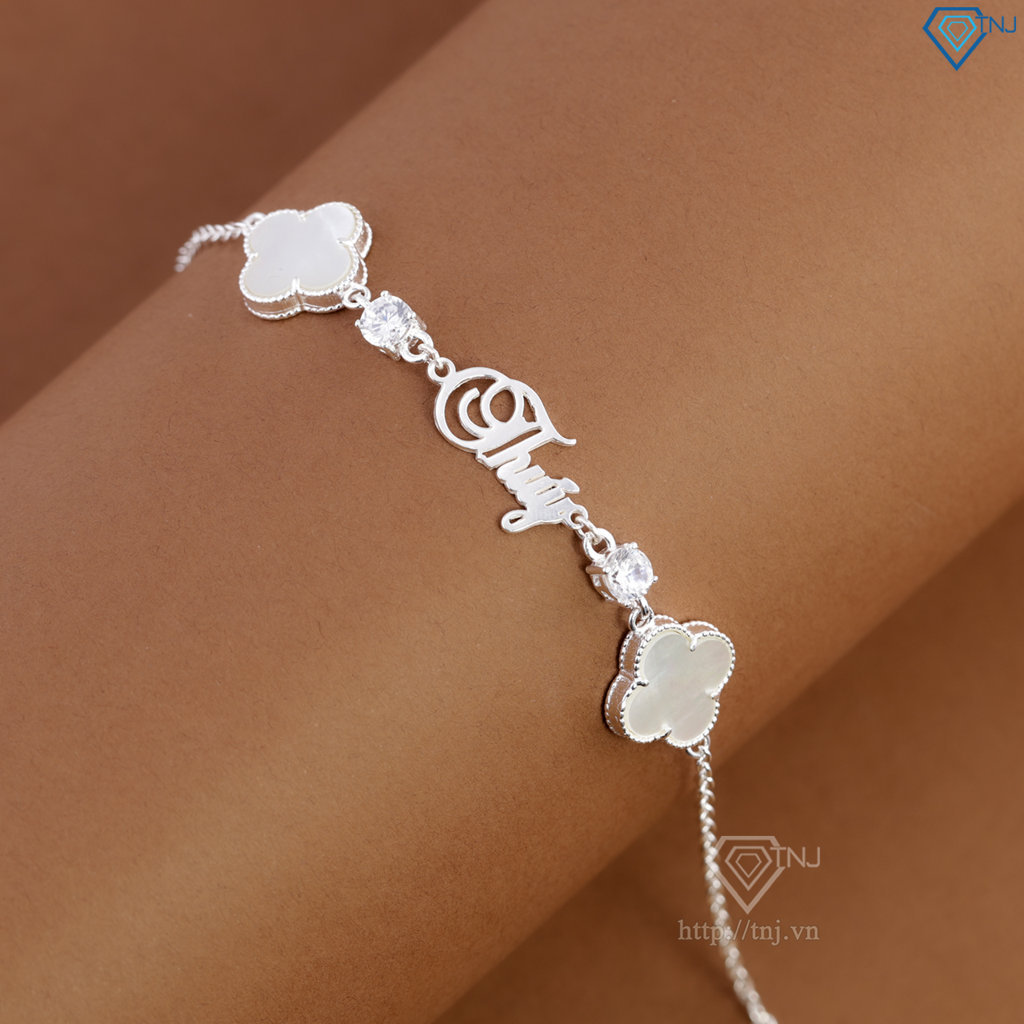 Lắc tay bạc nữ hình cỏ 4 lá trắng khắc tên theo yêu cầu LTN0455