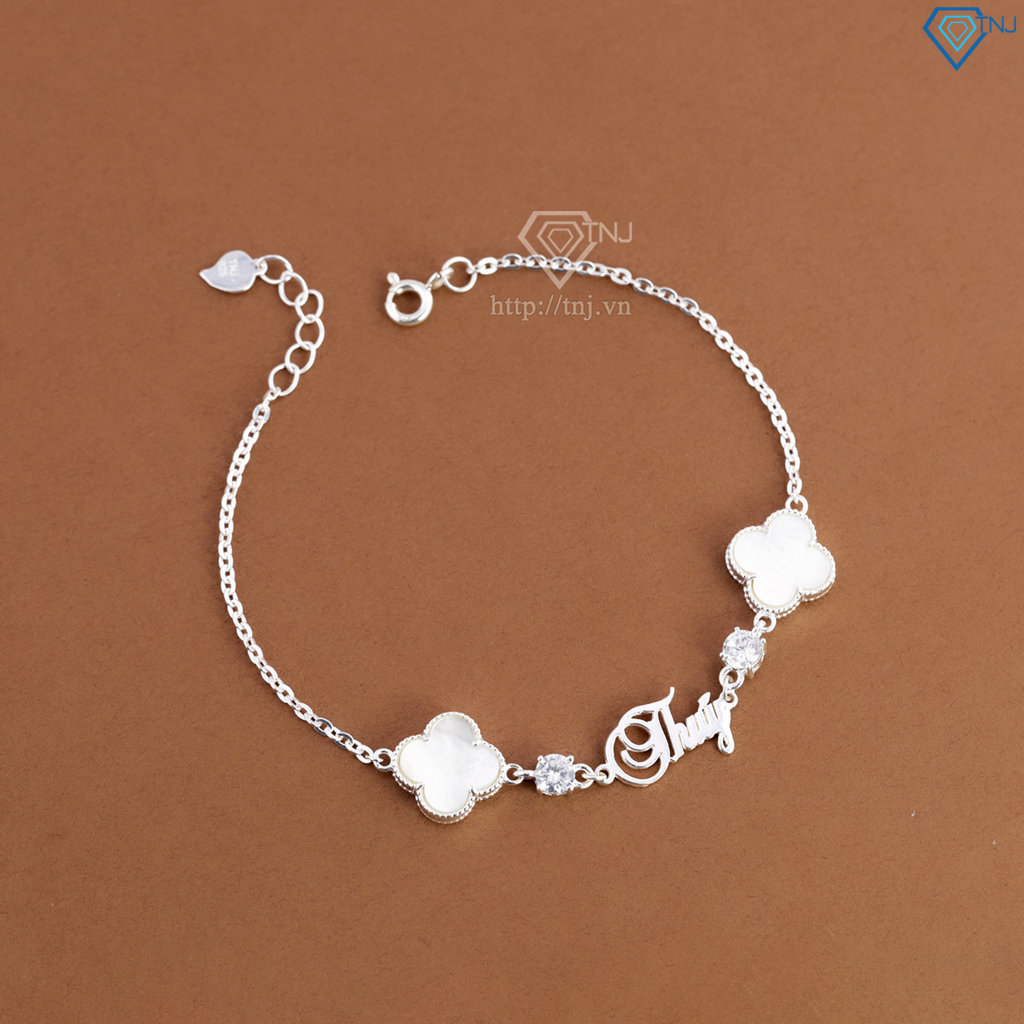 Lắc tay bạc nữ hình cỏ 4 lá trắng khắc tên theo yêu cầu LTN0455