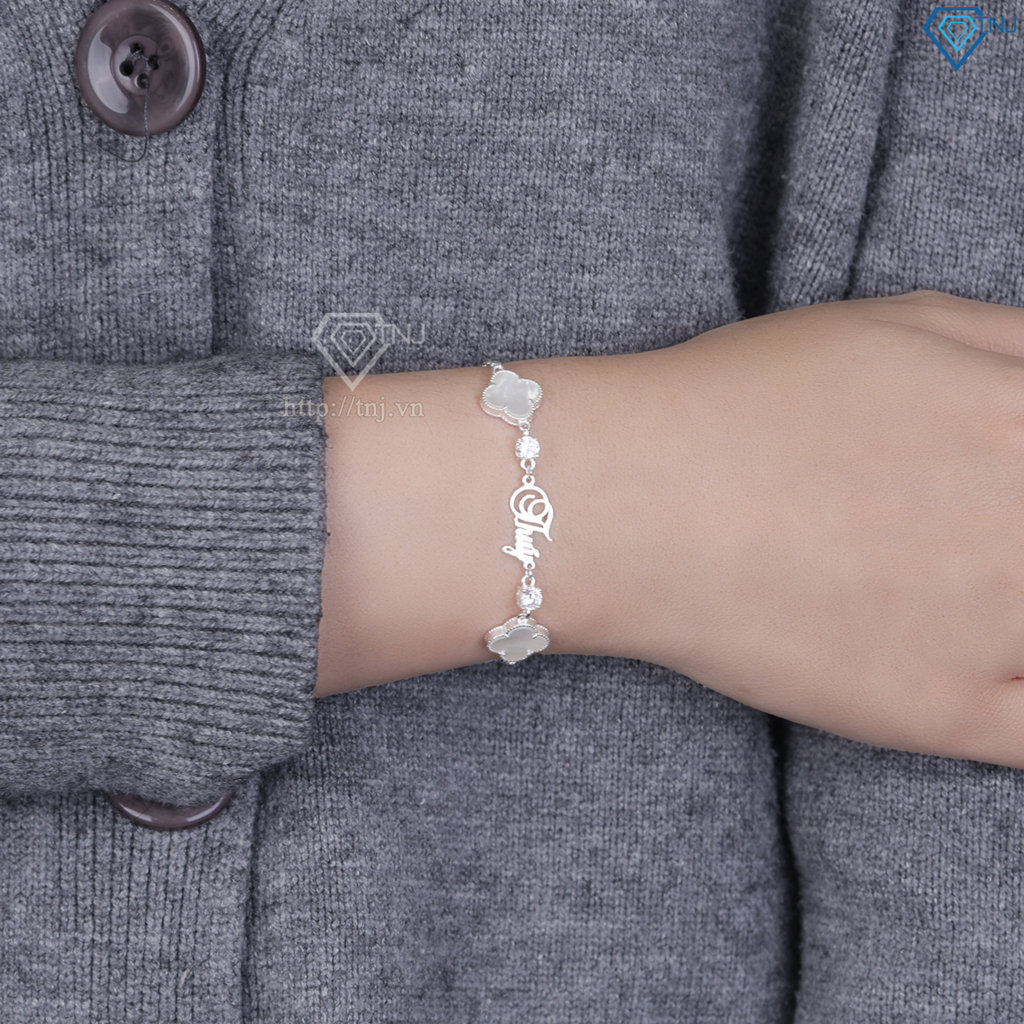 Lắc tay bạc nữ hình cỏ 4 lá trắng khắc tên theo yêu cầu LTN0455