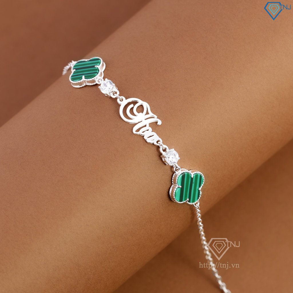 Lắc tay bạc nữ hình cỏ 4 lá xanh khắc tên theo yêu cầu LTN0455