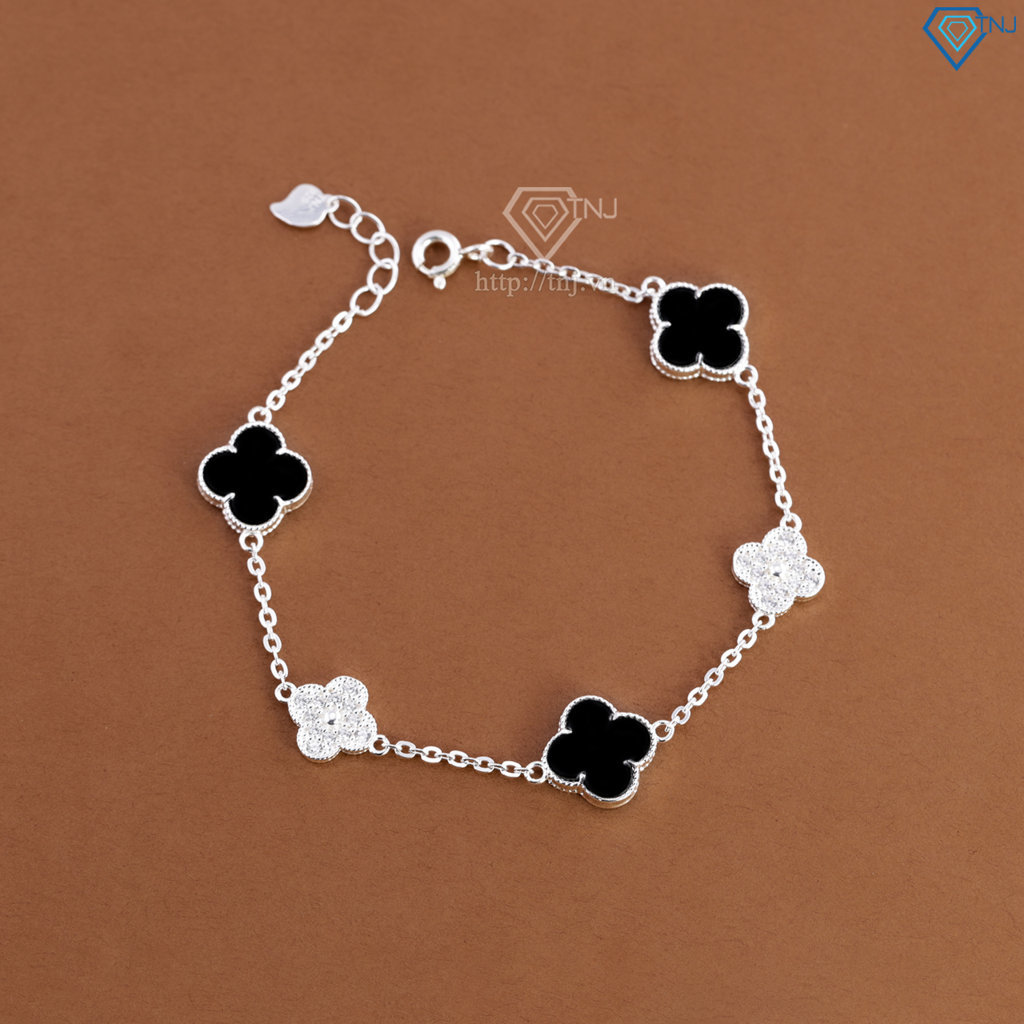 Lắc tay bạc nữ cỏ 4 lá đính đá đen LTN0456