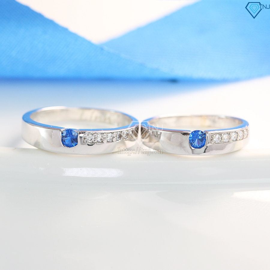 Nhẫn đôi bạc nhẫn cặp bạc đẹp đính đá xanh dương ND0073