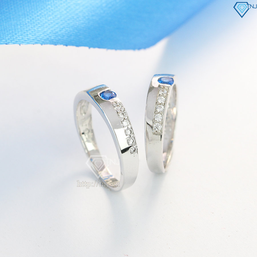 Nhẫn đôi bạc nhẫn cặp bạc đẹp đính đá xanh dương ND0073