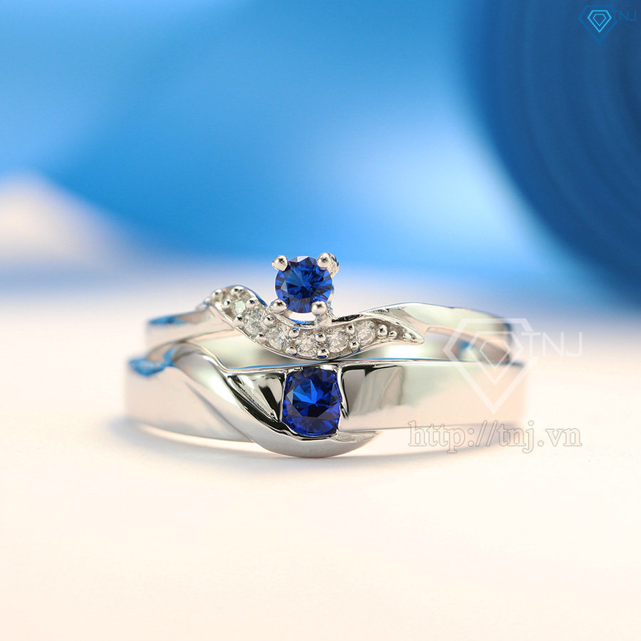 Nhẫn đôi bạc nhẫn cặp bạc đẹp đính đá xanh dương ND0078