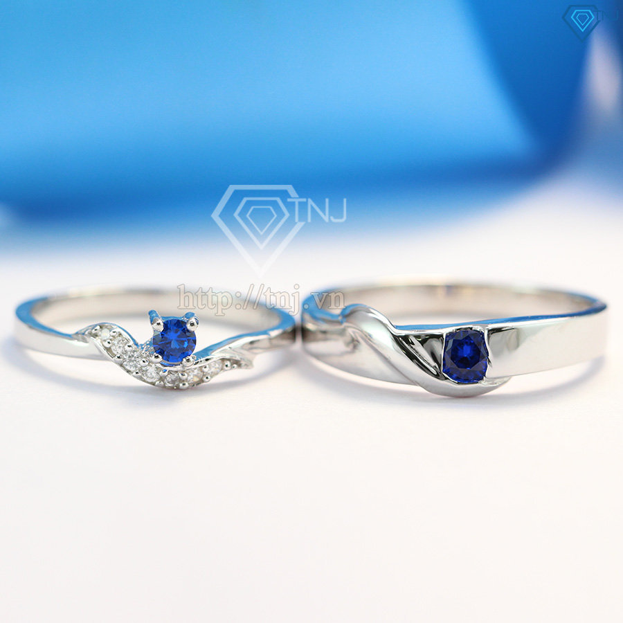 Nhẫn đôi bạc nhẫn cặp bạc đẹp đính đá xanh dương ND0078