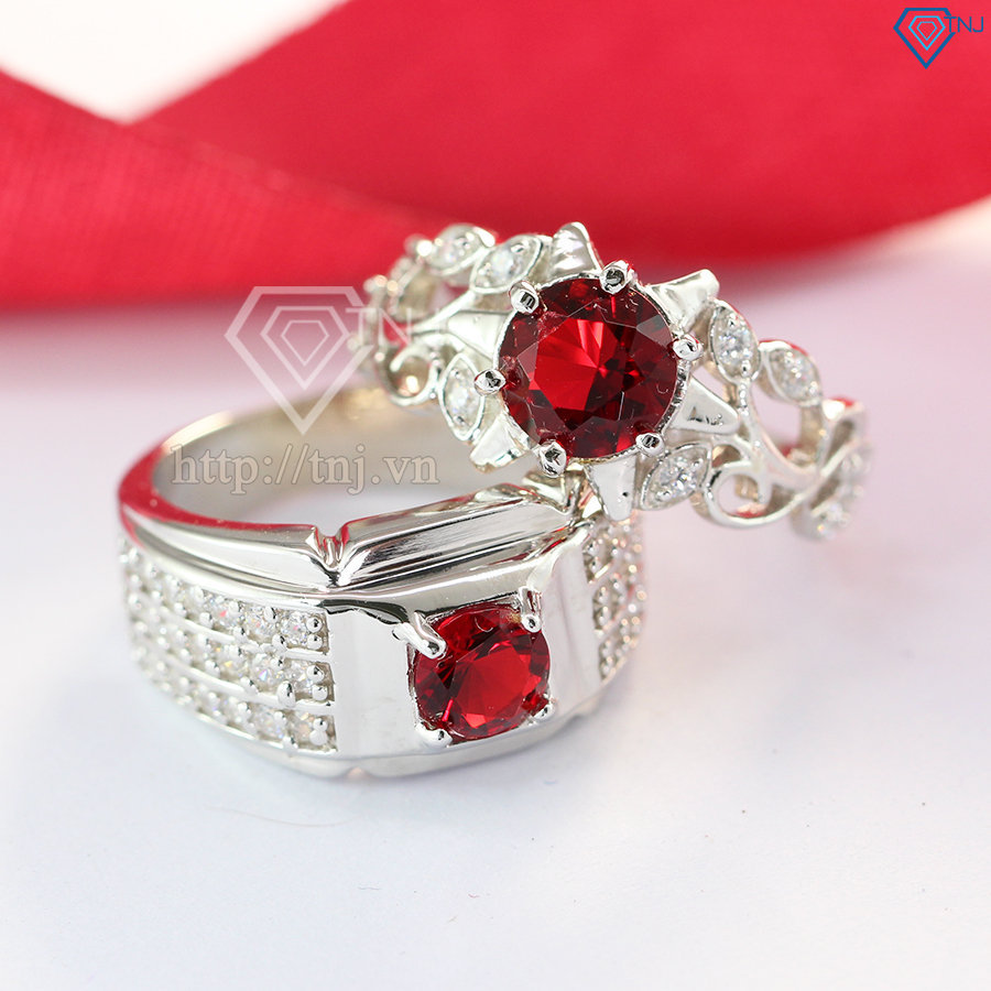 nhẫn đôi bạc nhẫn cặp bạc đẹp đính đá đỏ ND0192