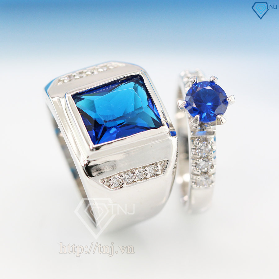 Nhẫn đôi bạc nhẫn cặp bạc đính đá xanh dương ND0211