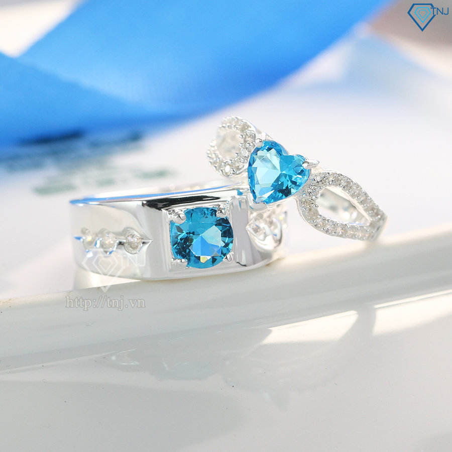 Nhẫn đôi bạc nhẫn cặp bạc đẹp đính đá xanh ND0212