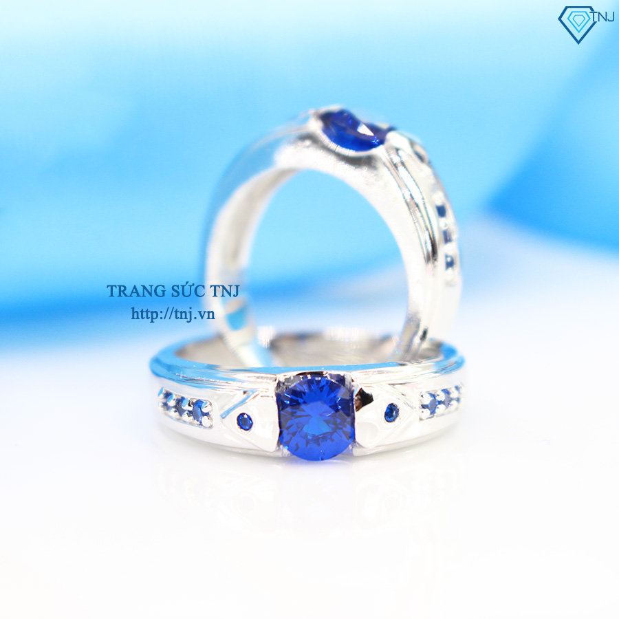Nhẫn đôi bạc nhẫn cặp bạc đẹp đính đá xanh dương ND0280