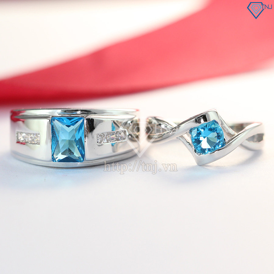 Nhẫn đôi bạc nhẫn cặp bạc đẹp đính đá xanh ND0369