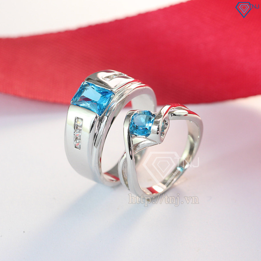 Nhẫn đôi bạc nhẫn cặp bạc đẹp đính đá xanh ND0369
