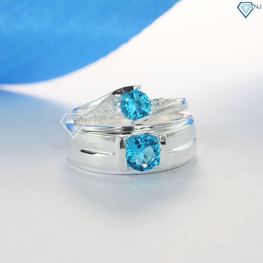 Nhẫn đôi bạc nhẫn cặp bạc đẹp đính đá xanh dương ND0395