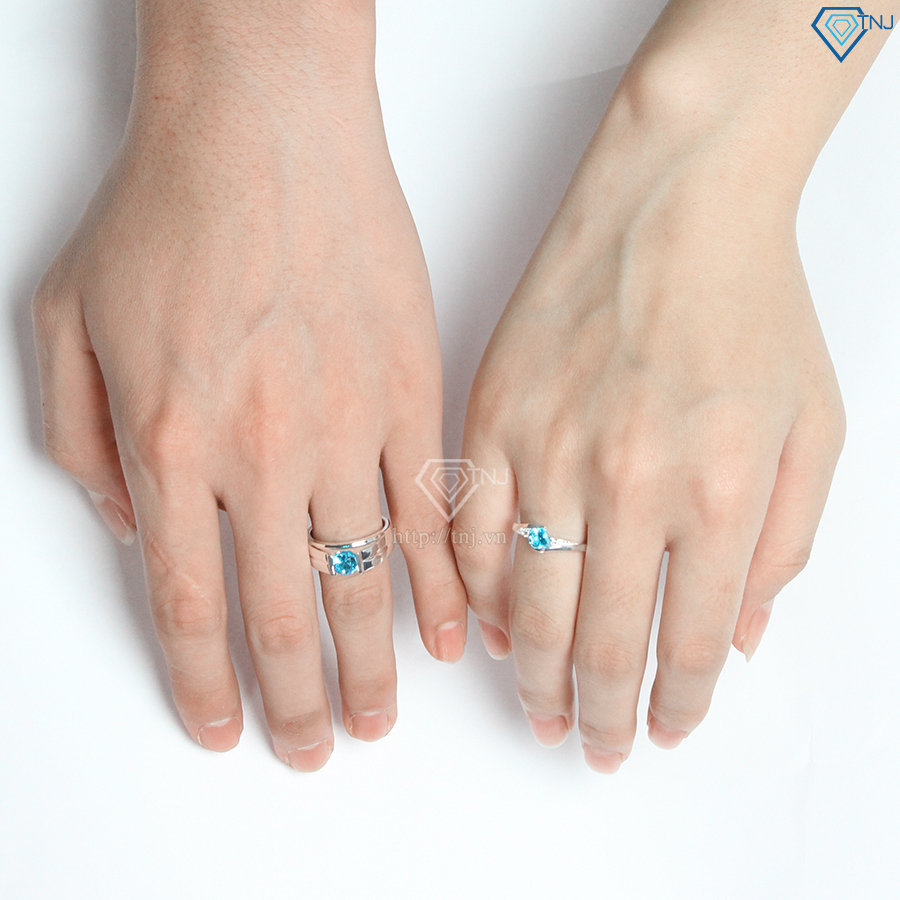 Nhẫn đôi bạc nhẫn cặp bạc đẹp đính đá xanh dương ND0395