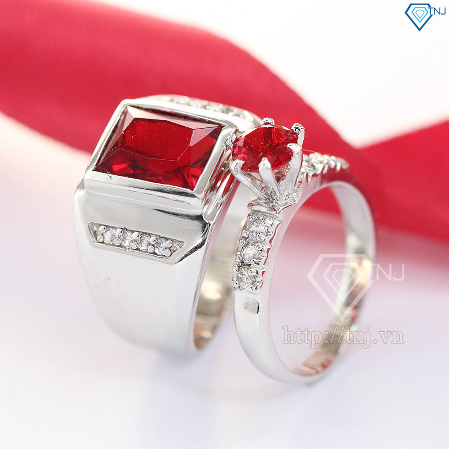 Nhẫn đôi bạc nhẫn cặp bạc đẹp đính đá đỏ sang trọng ND0211