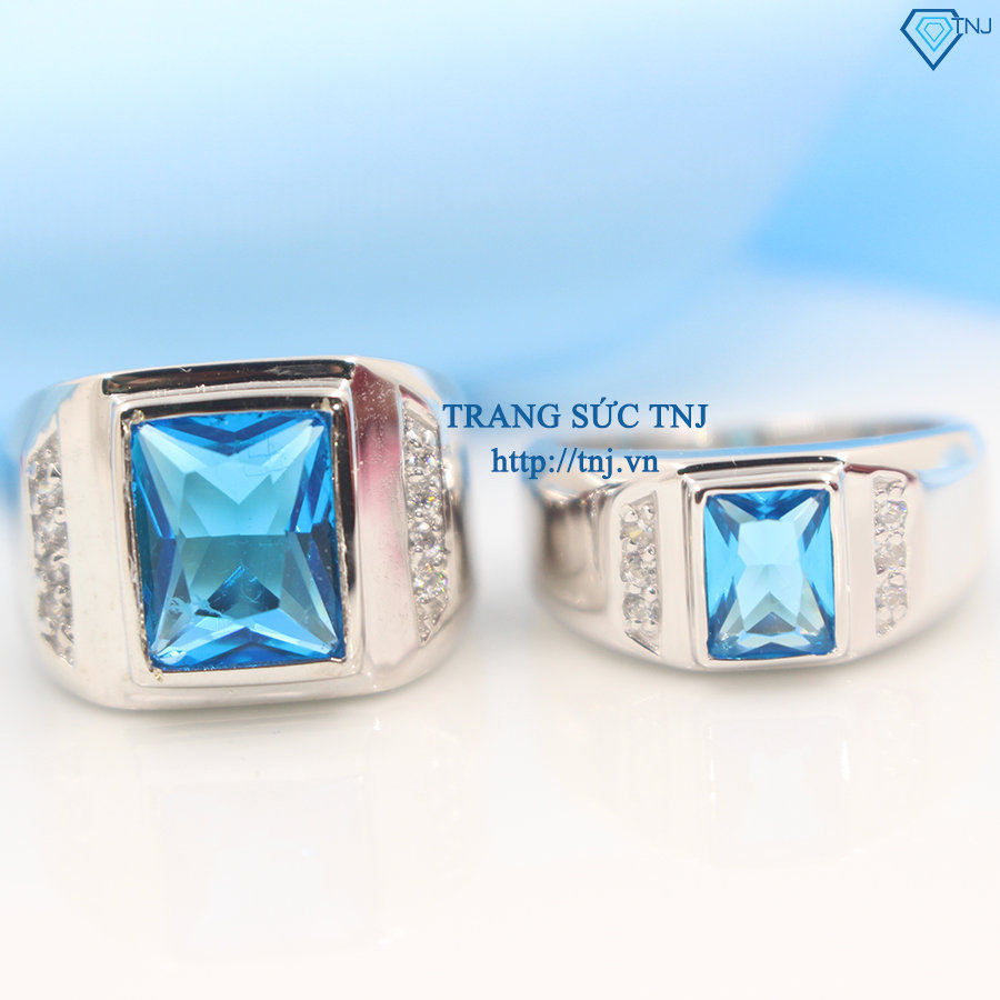 Nhẫn đôi bạc nhẫn cặp bạc đẹp đính đá xanh dương ND0248