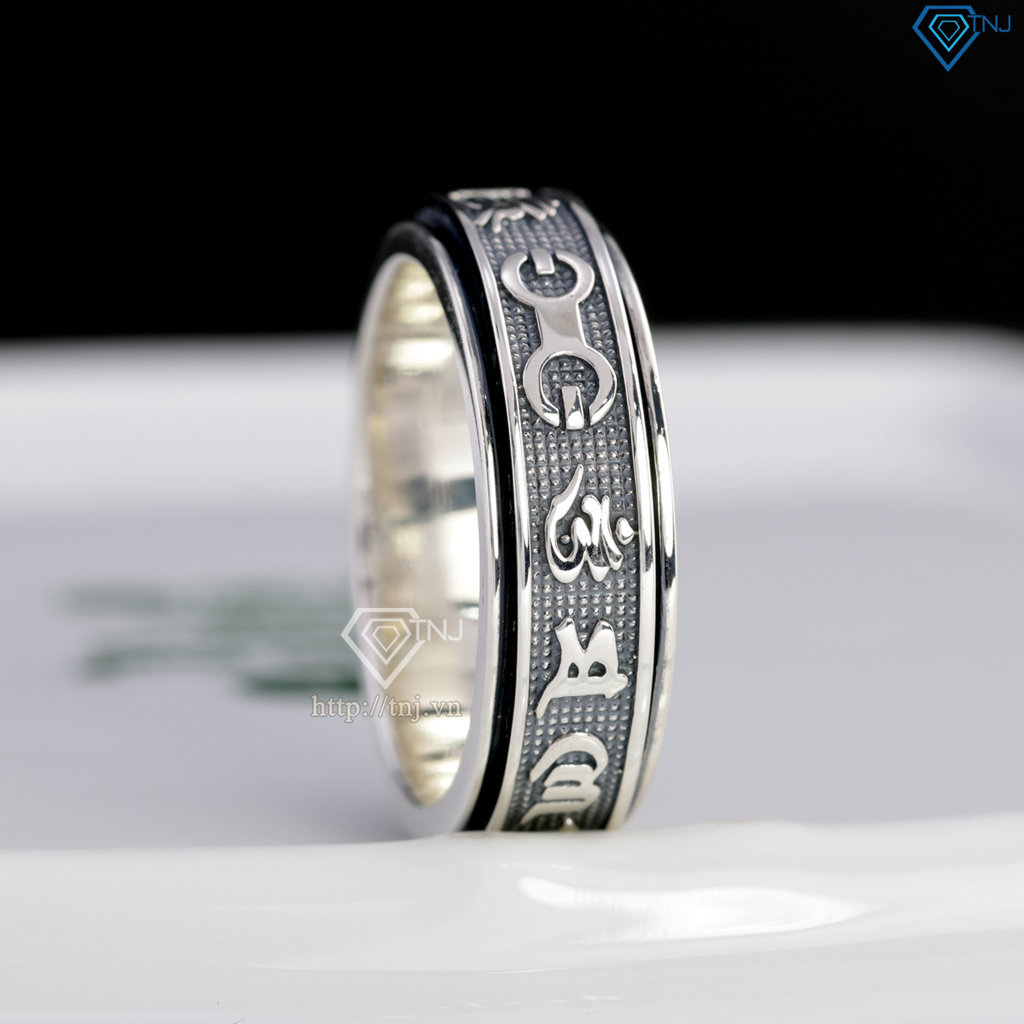 Nhẫn bạc nam Om Mani Padme Hum xoay bản nhỏ xi thái NNA0883