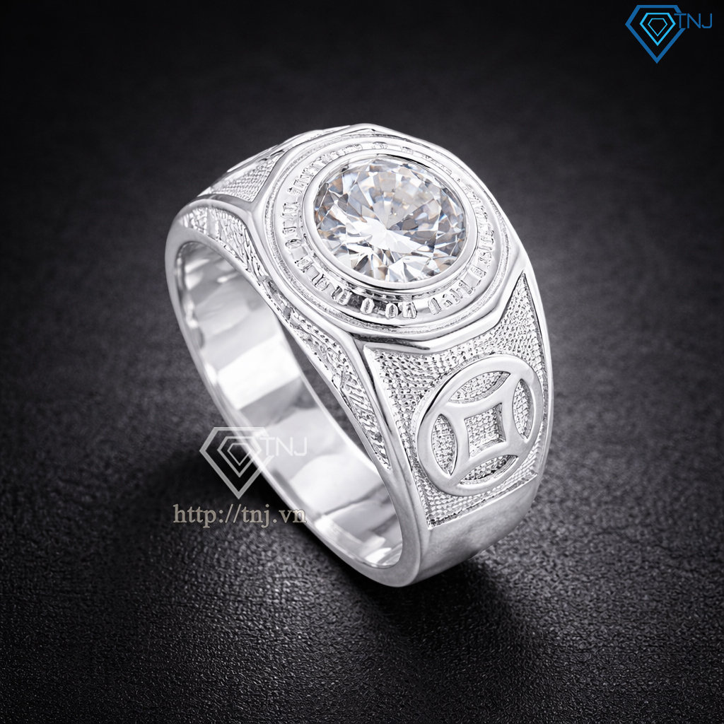Nhẫn bạc nam hình kim tiền đính đá NNA0895