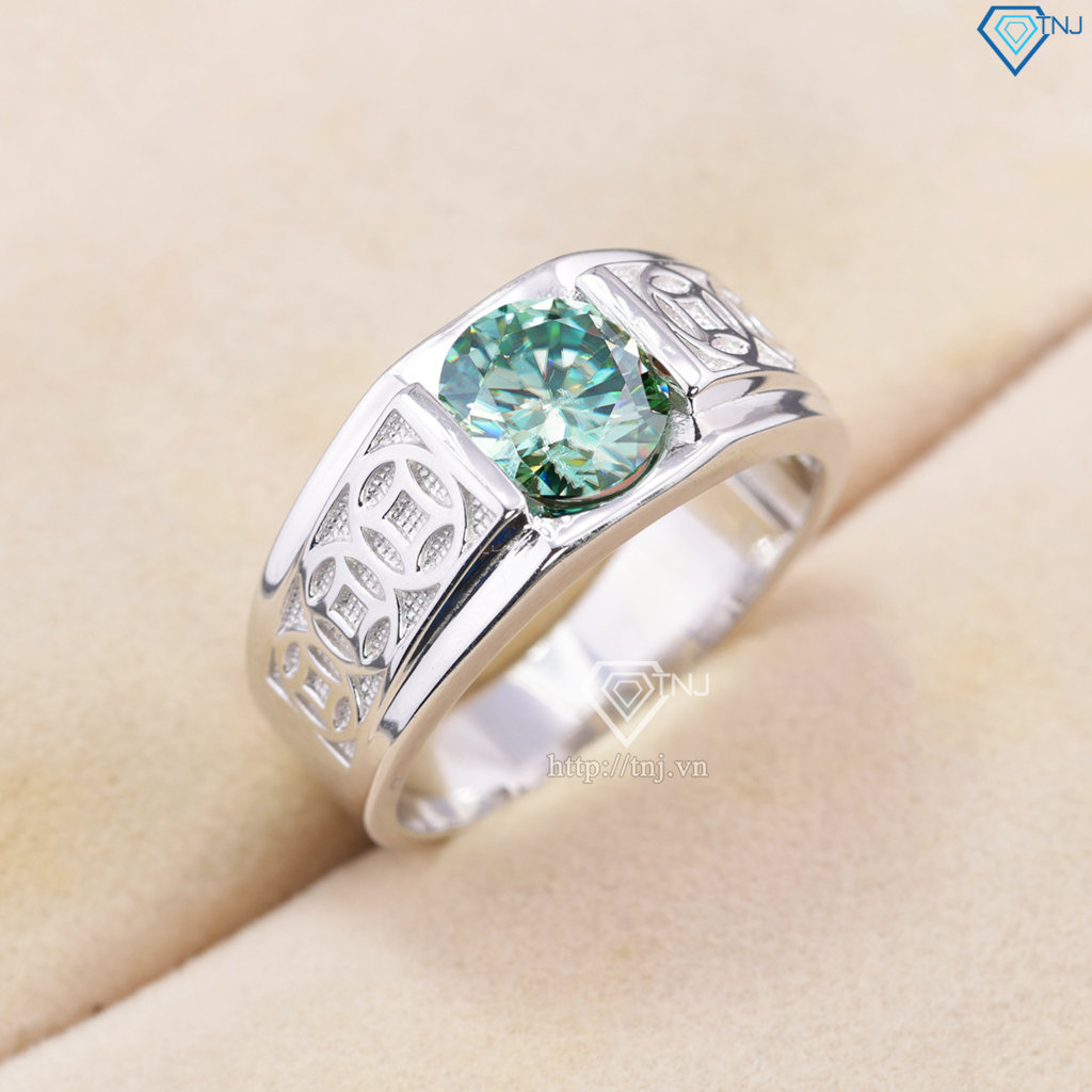 Nhẫn nam kim tiền đính kim cương Moissanite xanh 8.0mm - Kiểm định GRA NNAM0240